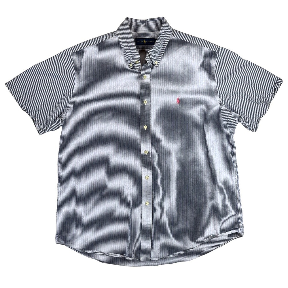 Ralph Lauren Mens XL Seersucker Short Sleeve Button Down Shirt Blue White Stripe